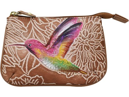 Anuschka Medium Zip Pouch Tooled Birds Tan Leather For Cheap